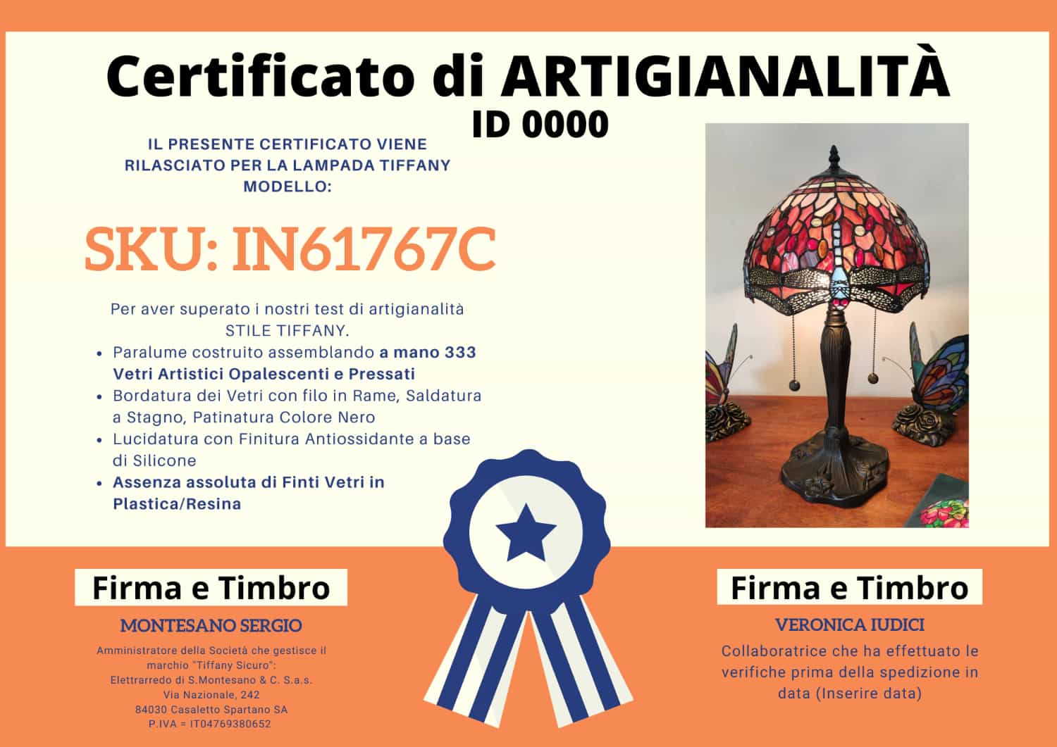 Lampada da Tavolo Tiffany Rossa con Libellule, certificato