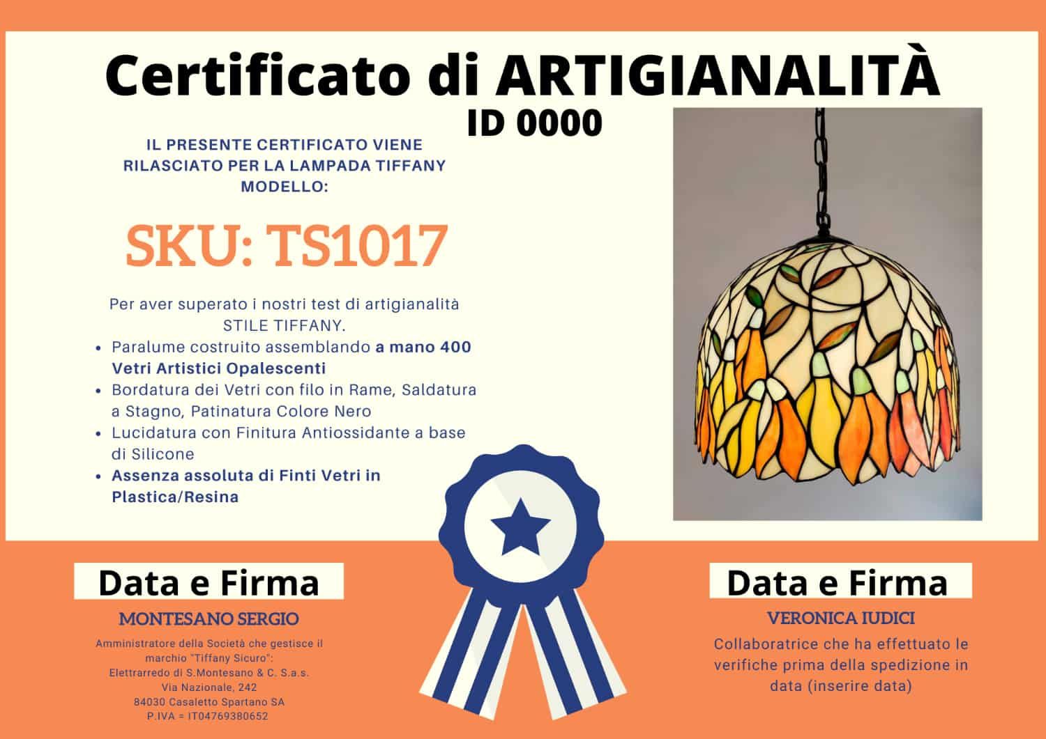Lampadario Tiffany con Fiori Gialli Arancioni e Sfondo Bianco, certificato
