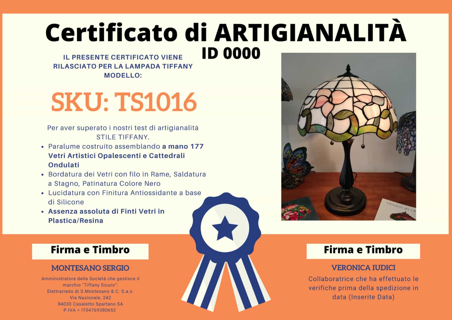 Lampada da Tavolo Tiffany con Fiori Rosa Azzurri Viola, certificato