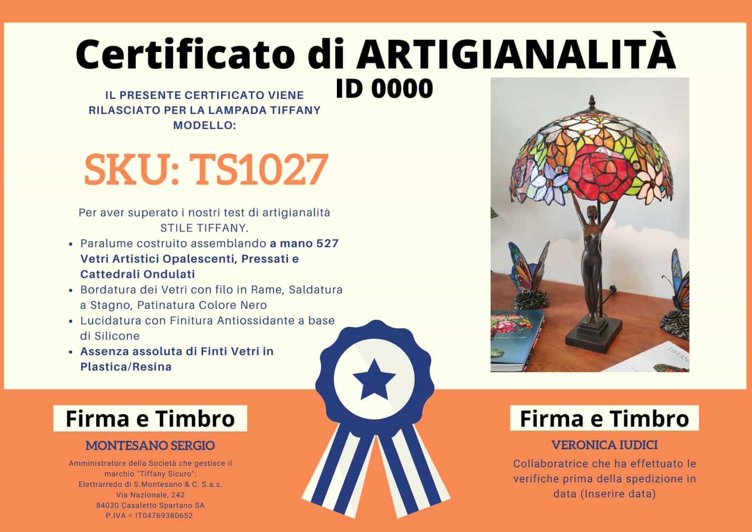 Lampada da Tavolo Tiffany Statua con Fiori, certificato