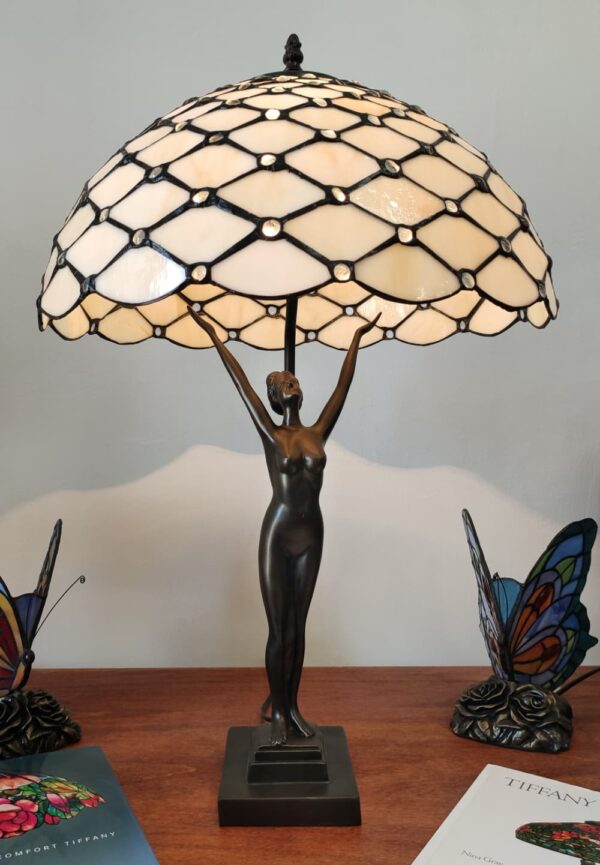Lampada da Tavolo Tiffany Gialla Dorata con Statua