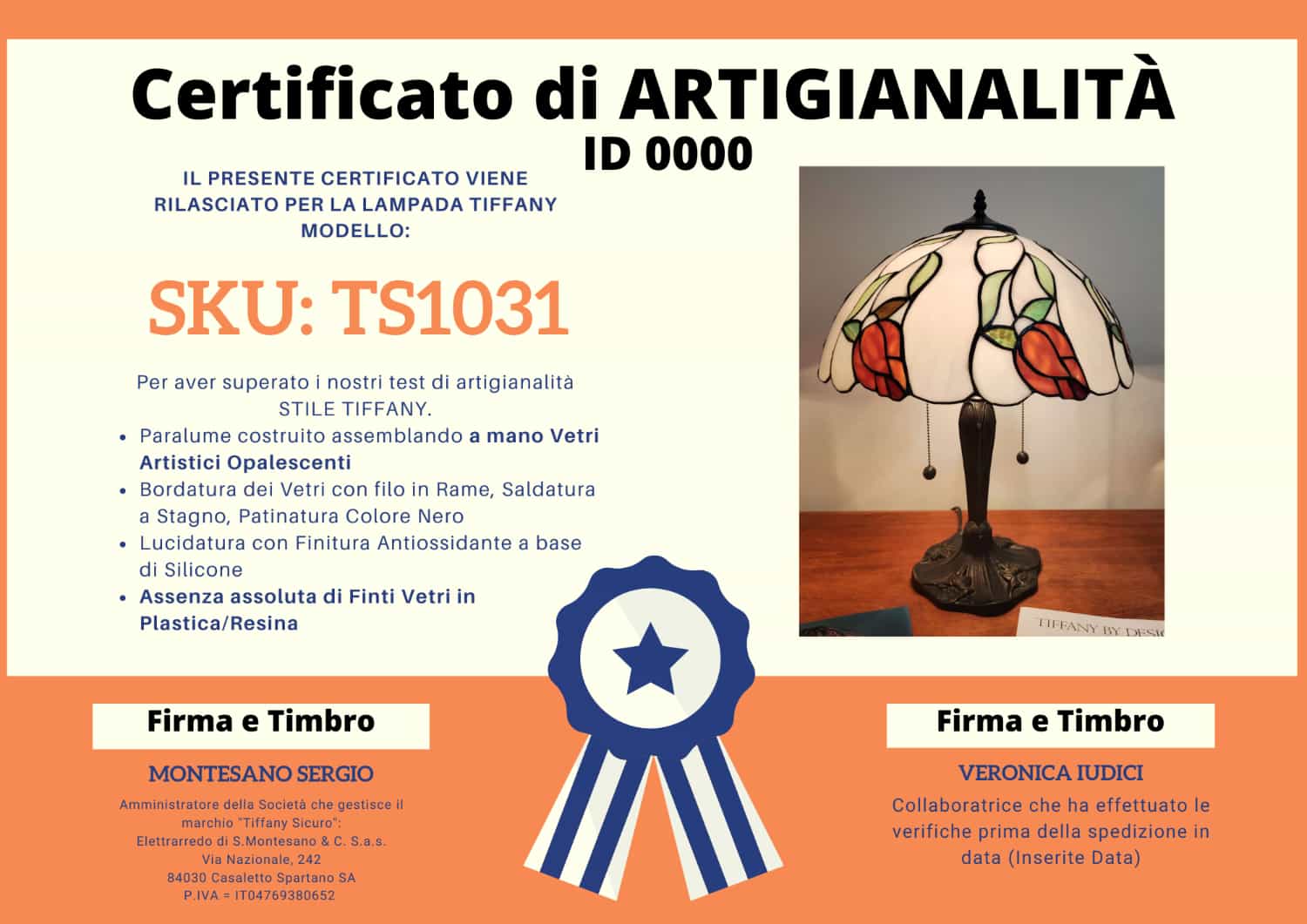 Lampada da Tavolo Tiffany con Fiori Arancioni, certificato
