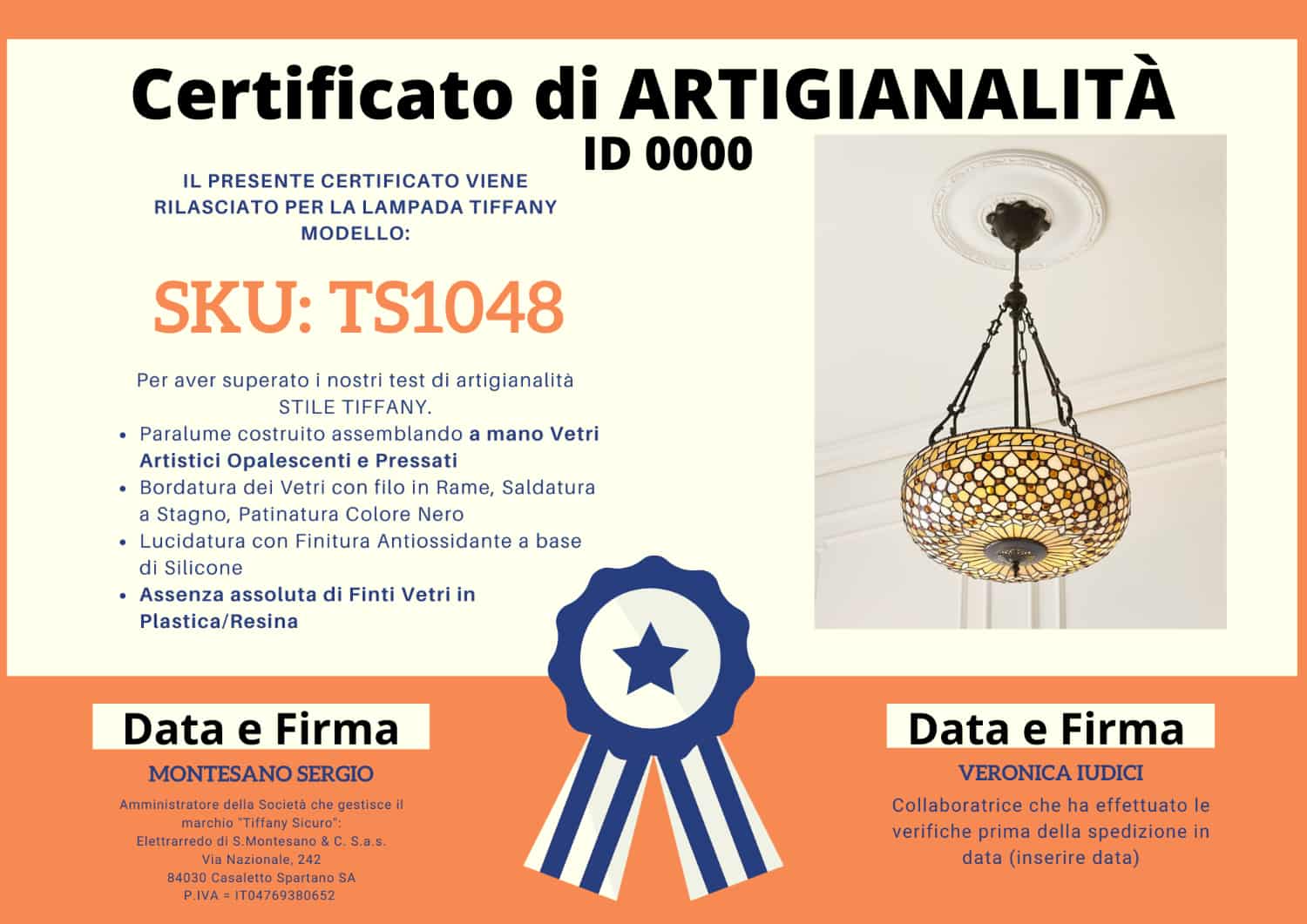 Lampadario Tiffany Dorato Invertito, certificato