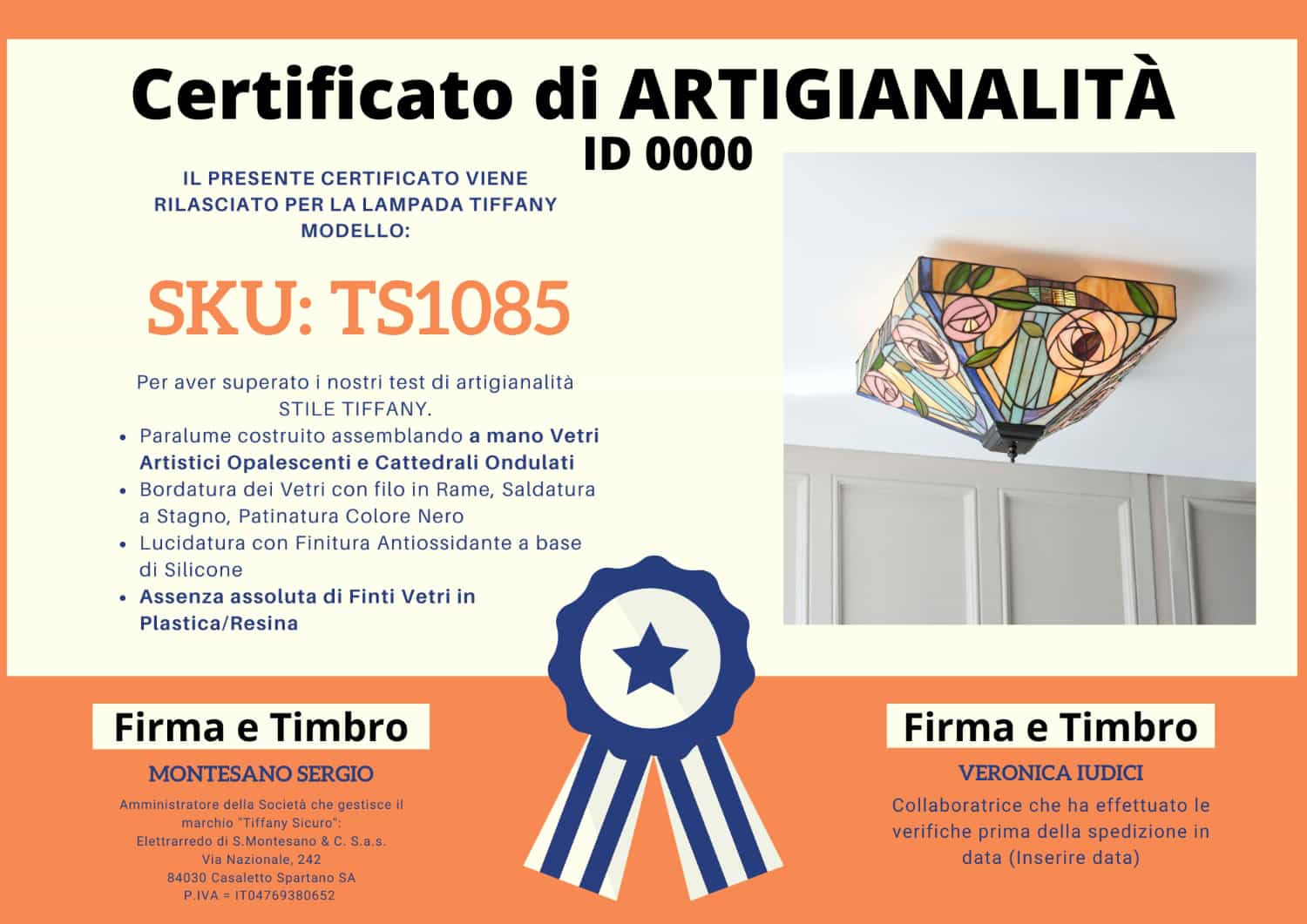 Plafoniera Tiffany Floreale Quadrata, certificato