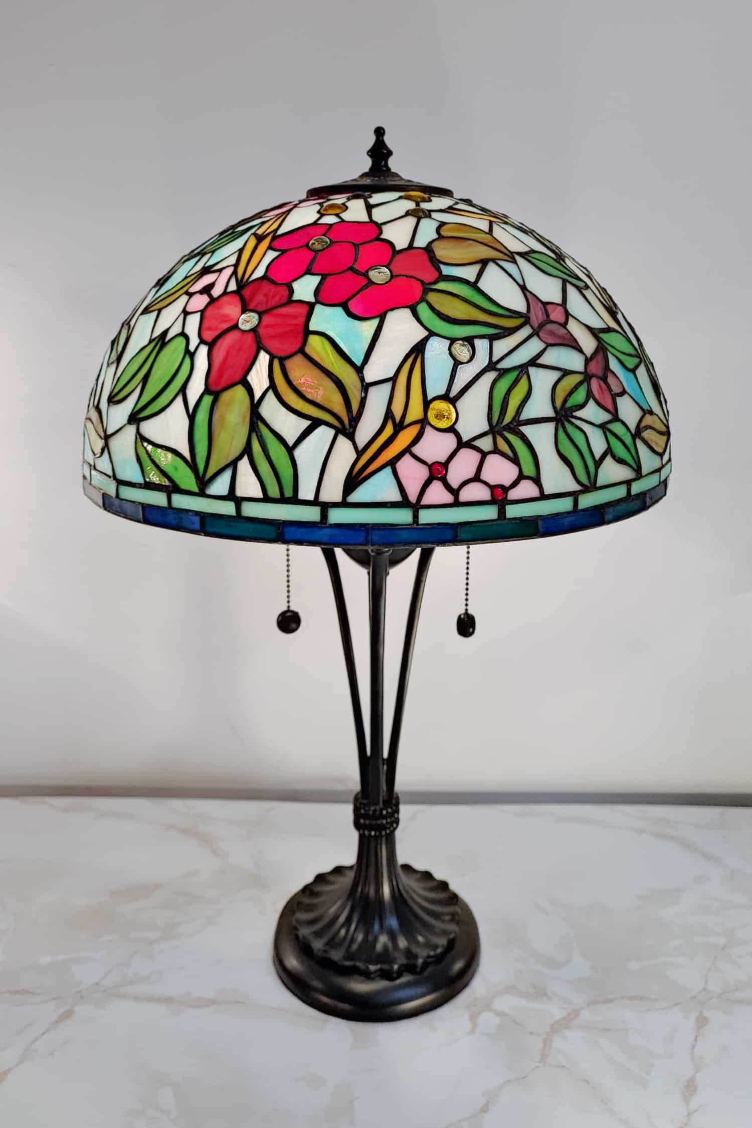 Lampada da Tavolo Tiffany Floreale Sfondo Celeste, 40cm 2 Lampada da Tavolo Tiffany Floreale Sfondo Celeste
