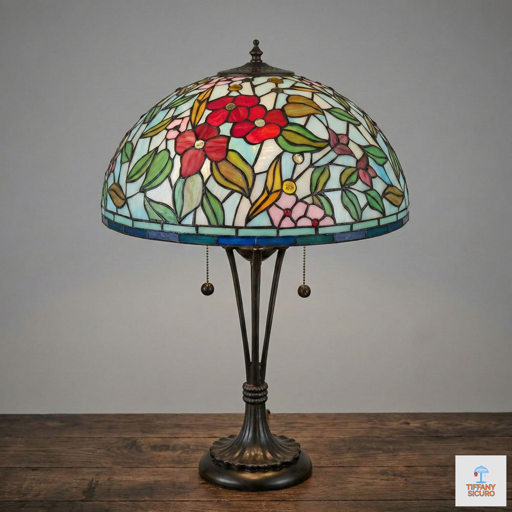 Lampada da Tavolo Tiffany Floreale Sfondo Celeste, 40cm 1 Lampada da Tavolo Tiffany Floreale Sfondo Celeste
