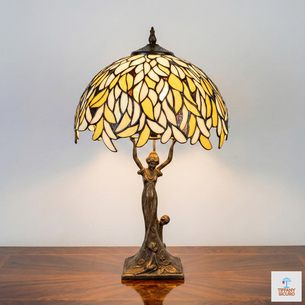Lampada da Tavolo Tiffany con Foglie Bianche e Dorate, 30cm 1 Lampada da Tavolo Tiffany con Foglie Bianche e Dorate