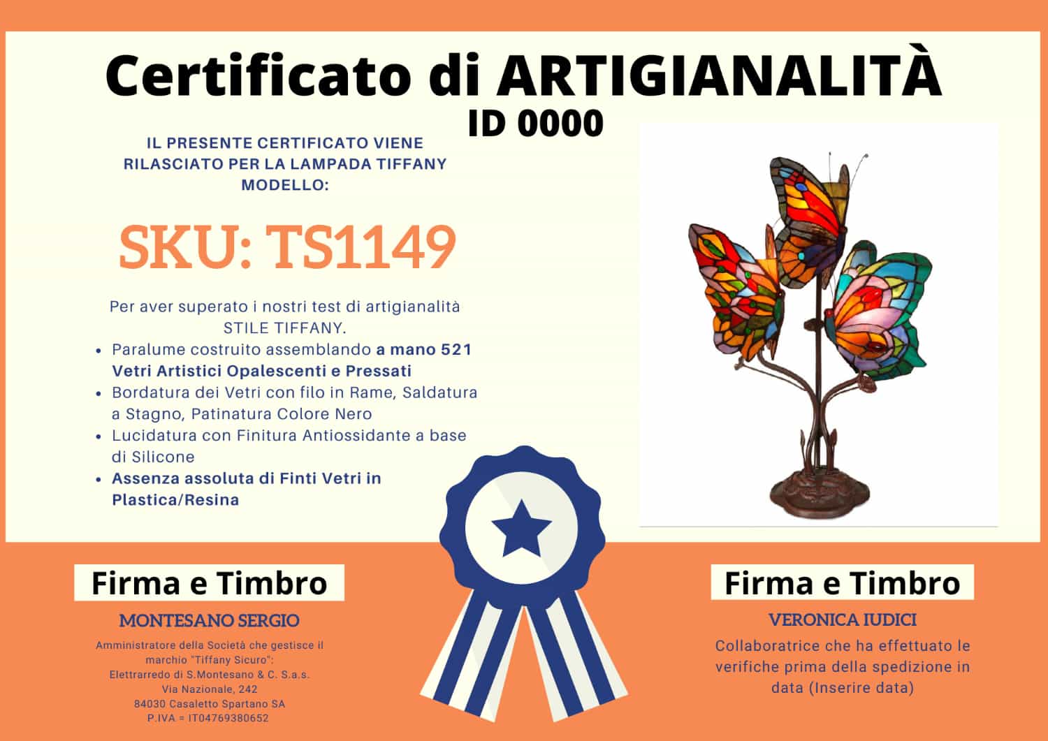 Lampada Tiffany con 3 Farfalle, certificato