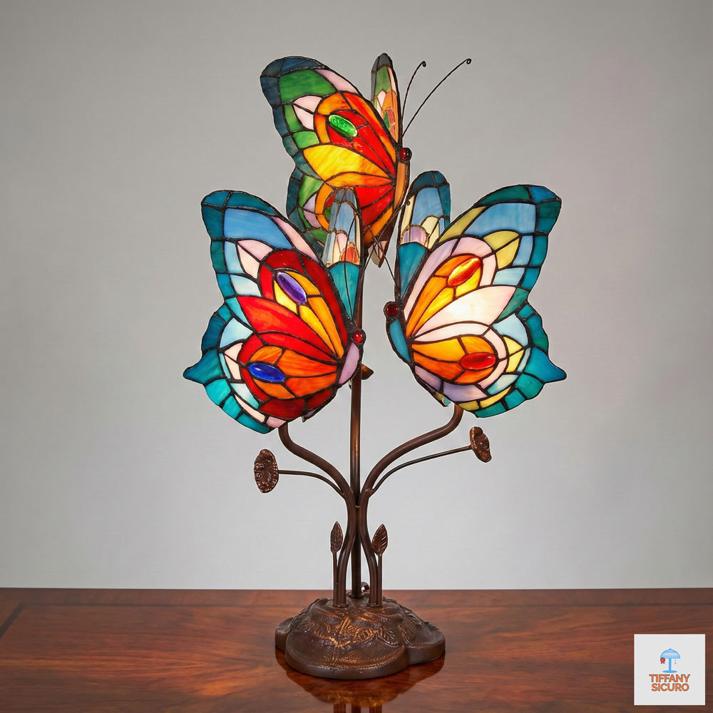 Lampada da Tavolo Tiffany con 3 Farfalle, altezza 53cm 1 Lampada da Tavolo Tiffany con 3 Farfalle