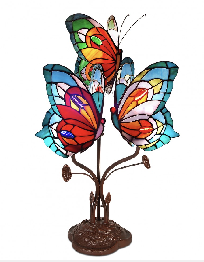 Lampada da Tavolo Tiffany con 3 Farfalle, altezza 53cm 2 Lampada da Tavolo Tiffany con 3 Farfalle