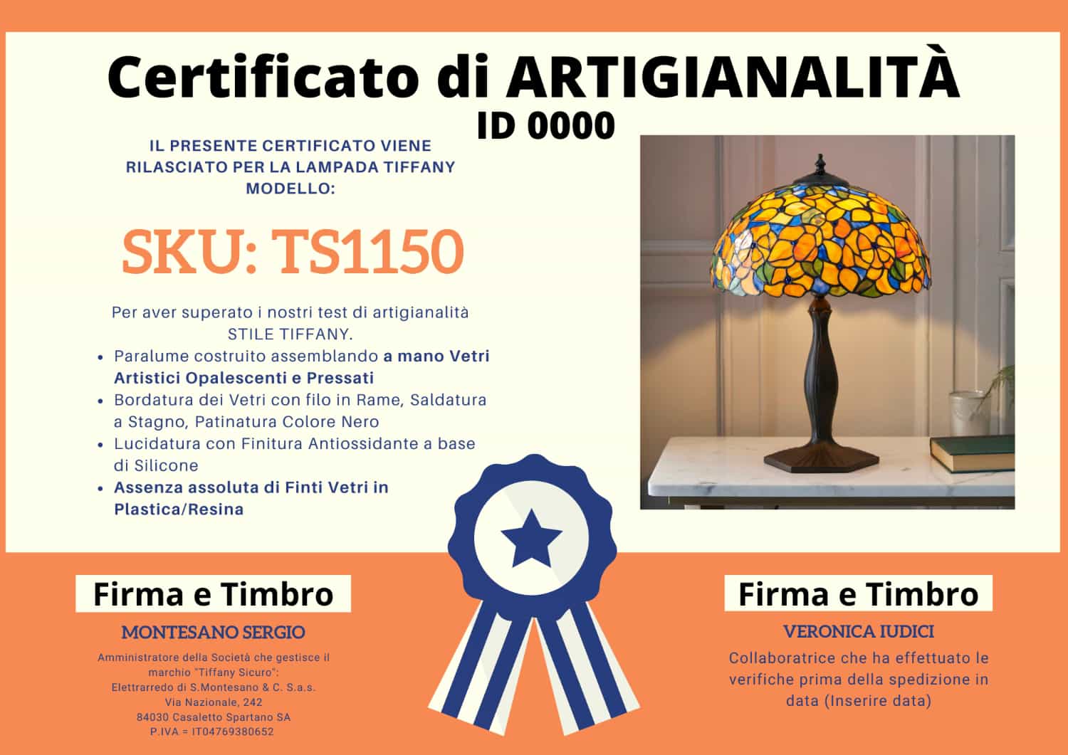 Lampada Tiffany Floreale Arancione, certificato