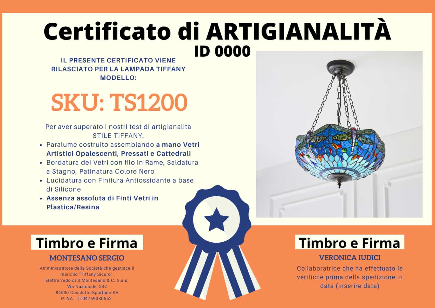 Lampadario Tiffany Blu Invertito con Libellule, certificato