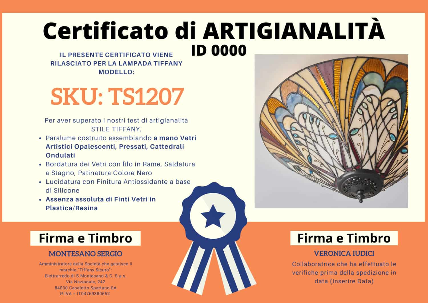 Plafoniera Tiffany Stile Liberty, certificato