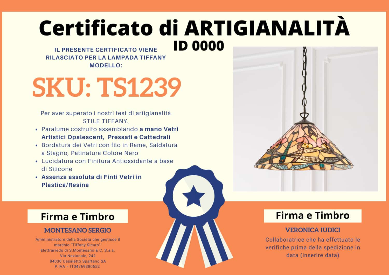 Lampadario Tiffany Liberty, certificato
