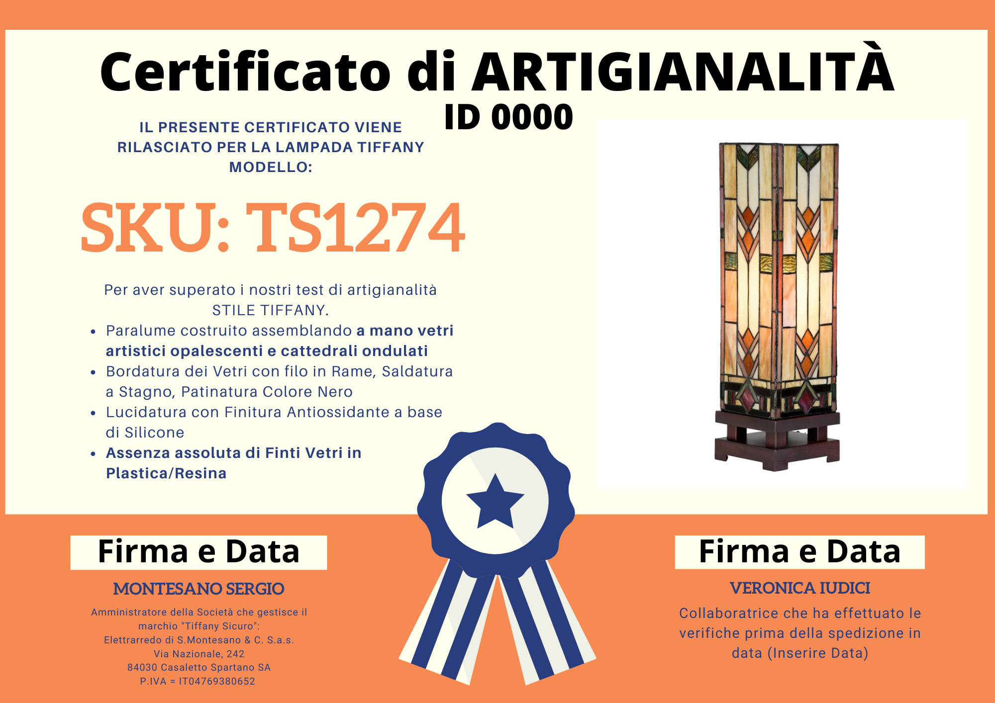 Lampada Tiffany da Tavolo a Colonna, certificato