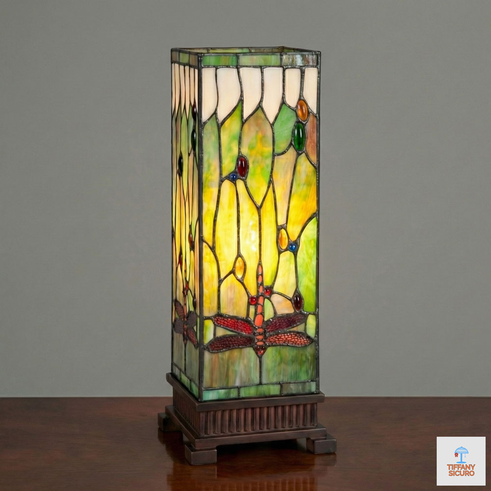 Lampada da Tavolo Tiffany Parallelepipedo Libellule, alta 45cm 1 Lampada da Tavolo Tiffany Parallelepipedo Libellule
