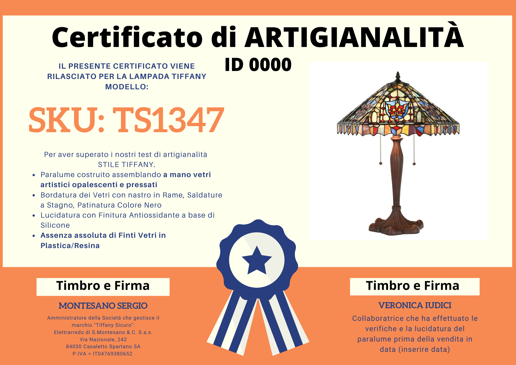 Lampada da Tavolo Tiffany Mosaico, certificato