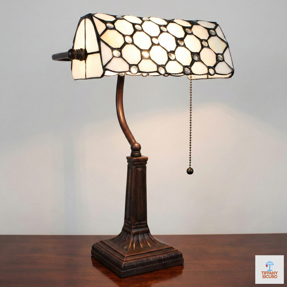 Lampada da Scrivania Tiffany Ministeriale Avorio, larga 26cm 1 Lampada da Scrivania Tiffany Ministeriale Avorio