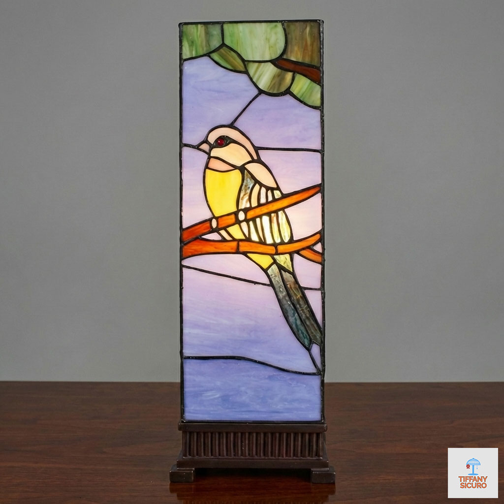 Lampada da Tavolo Tiffany Parallelepipedo Uccello, alta 48cm 1 Lampada da Tavolo Tiffany Parallelepipedo Uccello