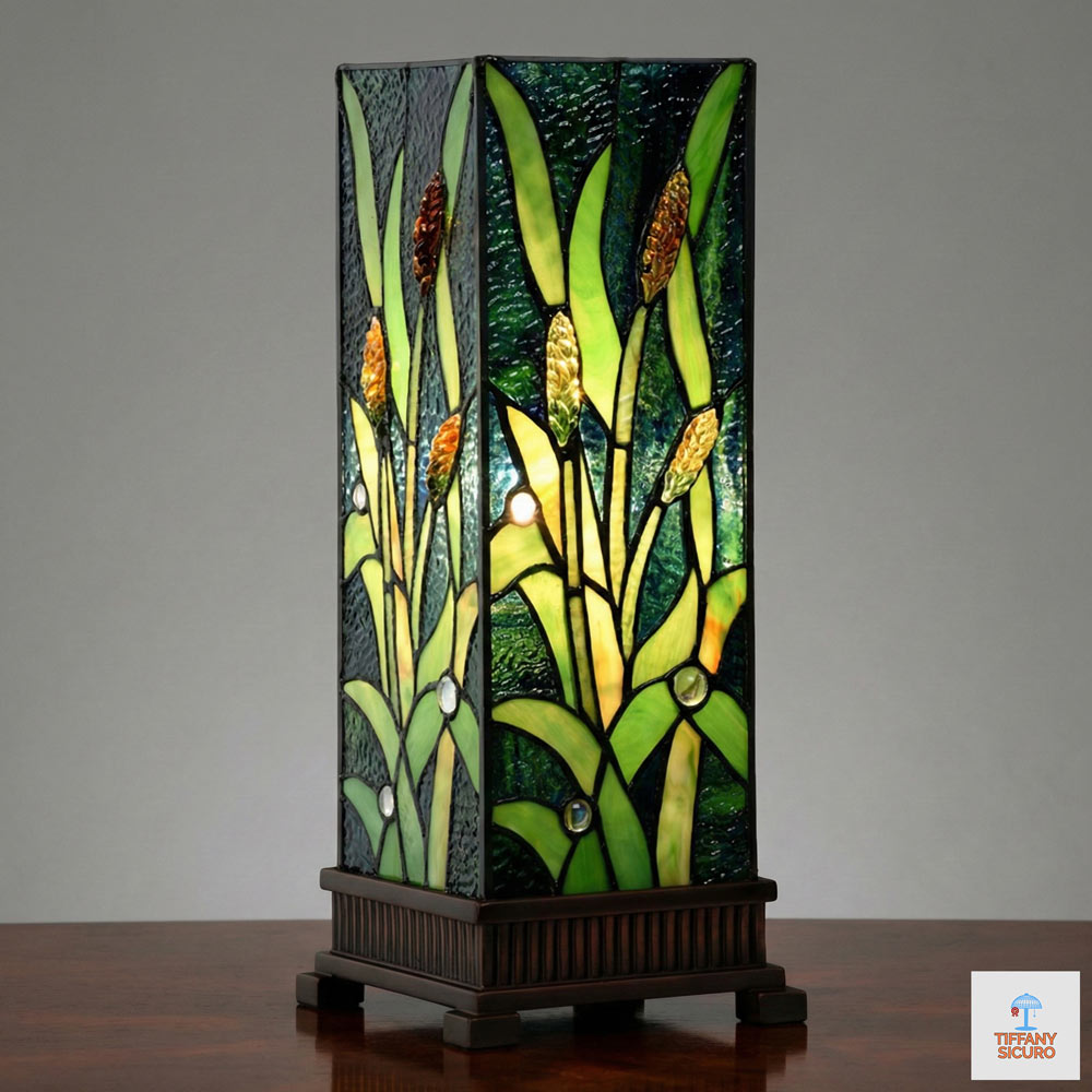 Lampada da Tavolo Tiffany Parallelepipedo Verde, Alta 45cm 1 Lampada da Tavolo Tiffany Parallelepipedo Verde
