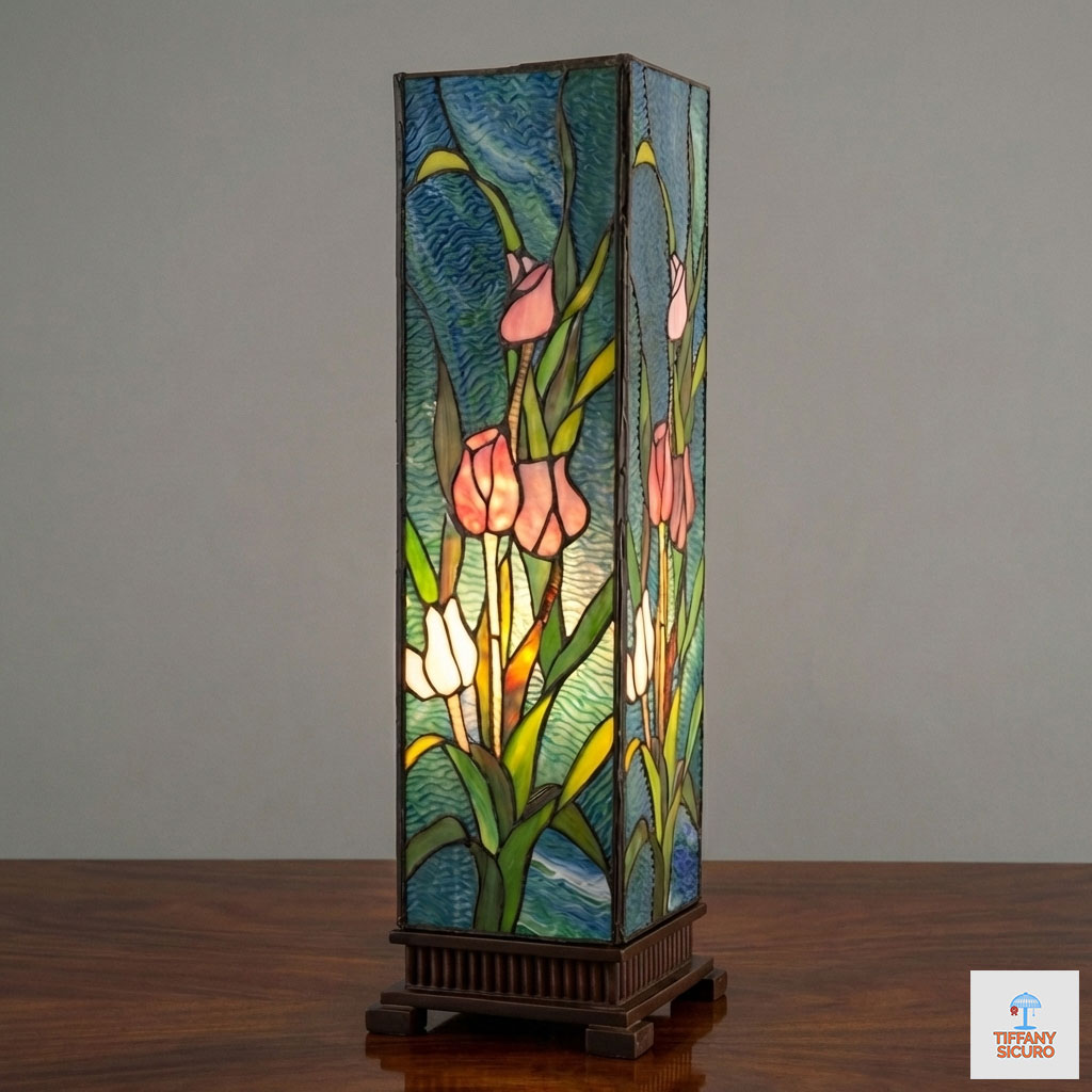 Lampada da Tavolo Tiffany Parallelepipedo Tulipani, alta 58cm 1 Lampada da Tavolo Tiffany Parallelepipedo Tulipani