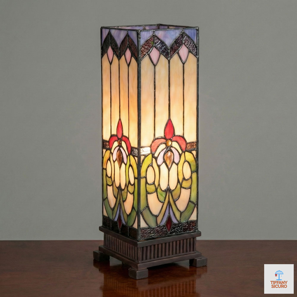 Lampada da Tavolo Tiffany Parallelepipedo Stile Deco, alta 44cm 1 Lampada da Tavolo Tiffany Parallelepipedo Stile Deco