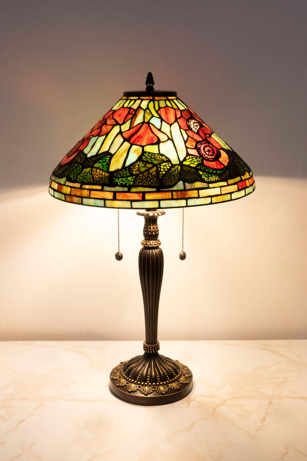 Lampada da Tavolo Tiffany Papaveri Base Vintage, 40cm 1 Lampada da Tavolo Tiffany Papaveri Base Vintage