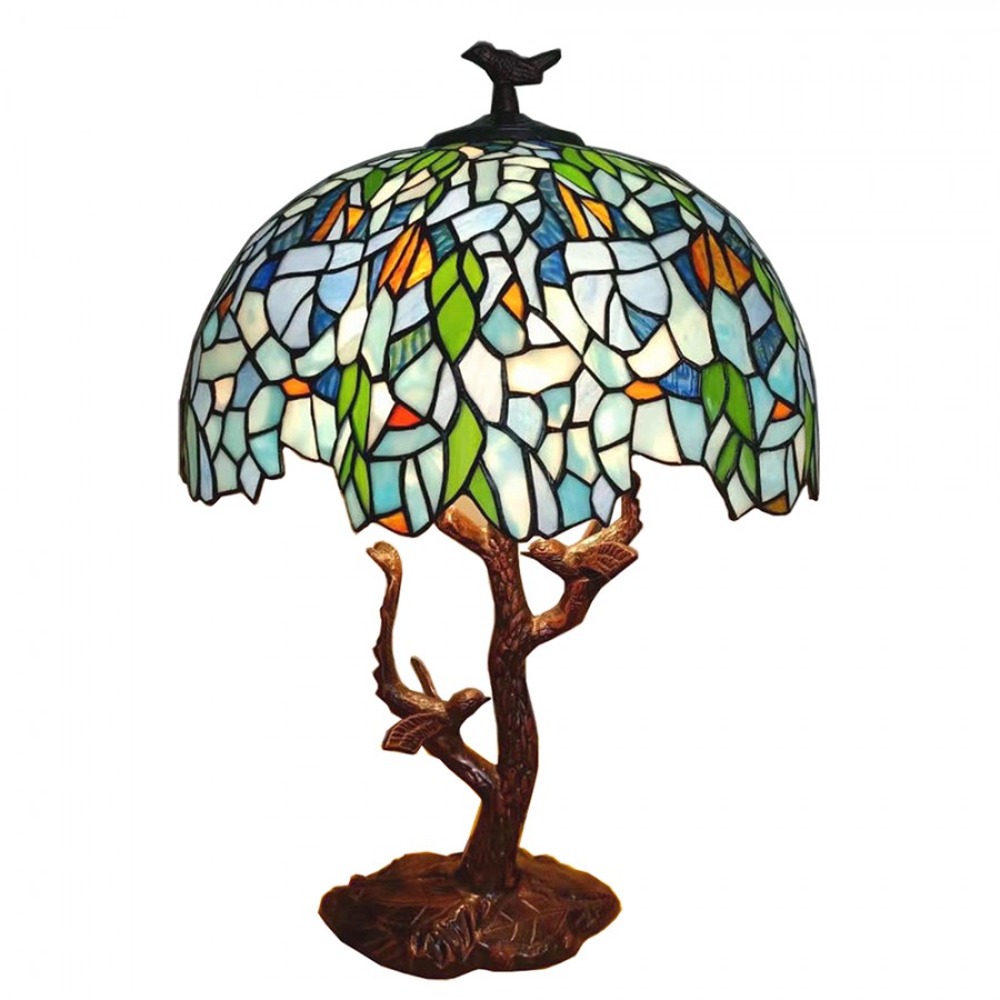 Lampada da Tavolo Tiffany Albero e Uccellini, 42cm 2 Lampada da Tavolo Tiffany Albero e Uccellini