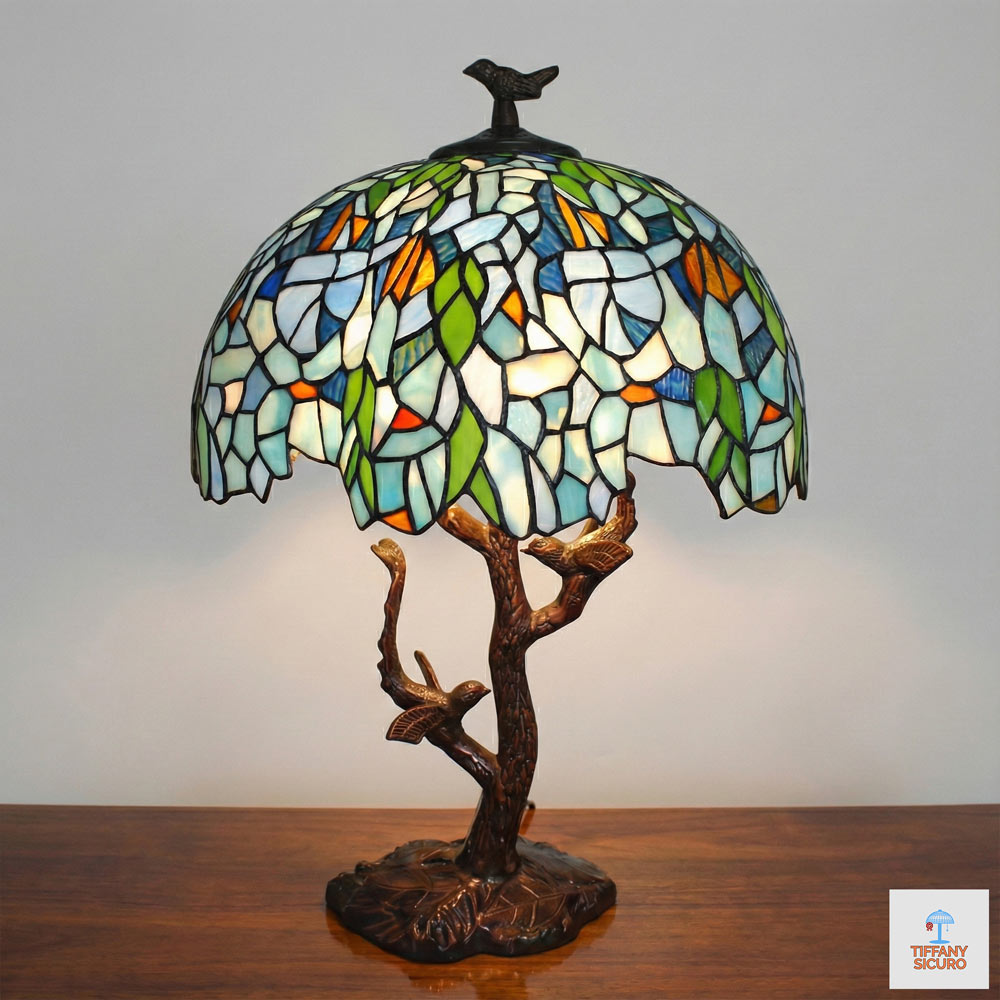 Lampada da Tavolo Tiffany Albero e Uccellini, 42cm 1 Lampada da Tavolo Tiffany Albero e Uccellini