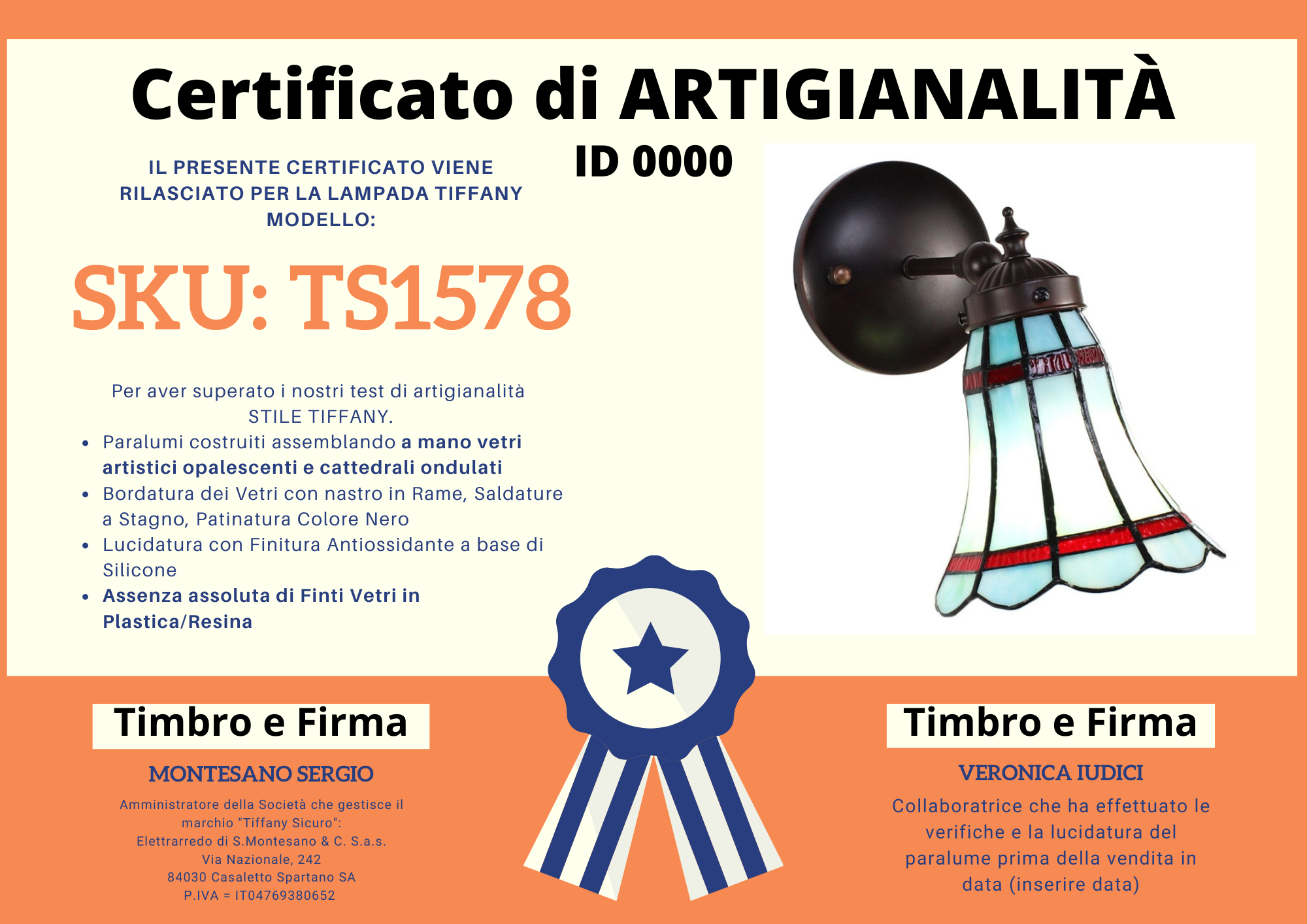 Faretto da Parete Tiffany Celeste, certificato