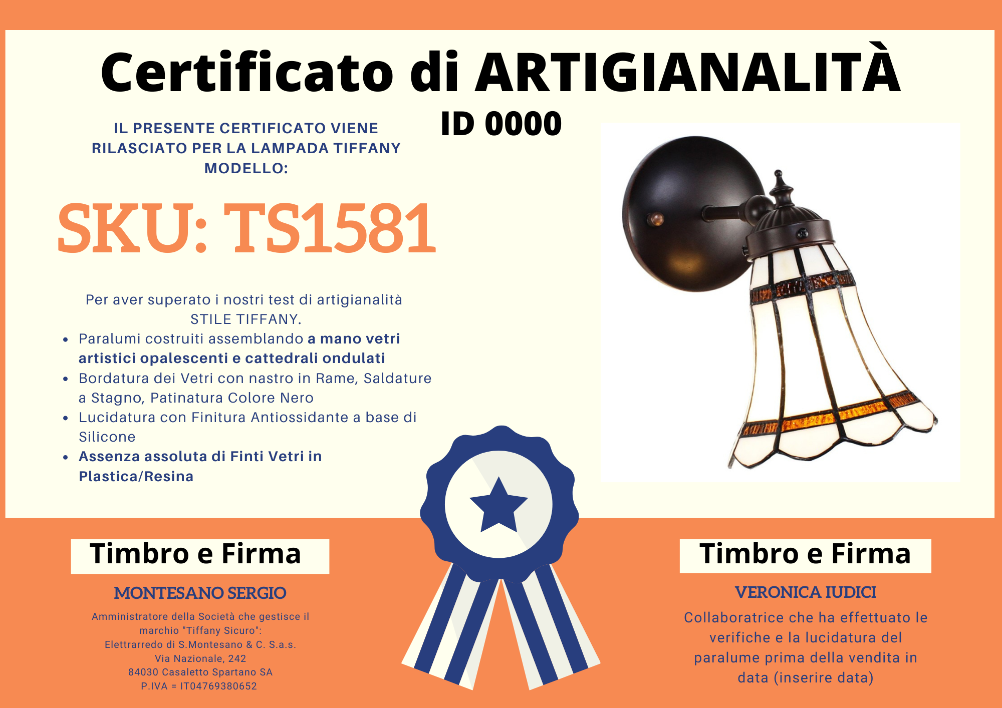 Faretto da Parete Tiffany Bianco e Ambra, certificato
