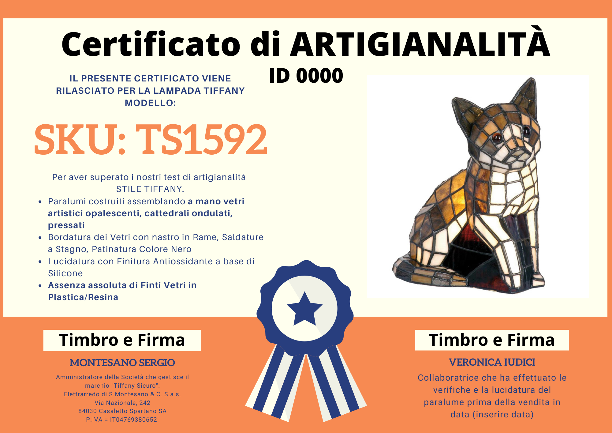 Lampada da Tavolo Tiffany Gatto, certificato