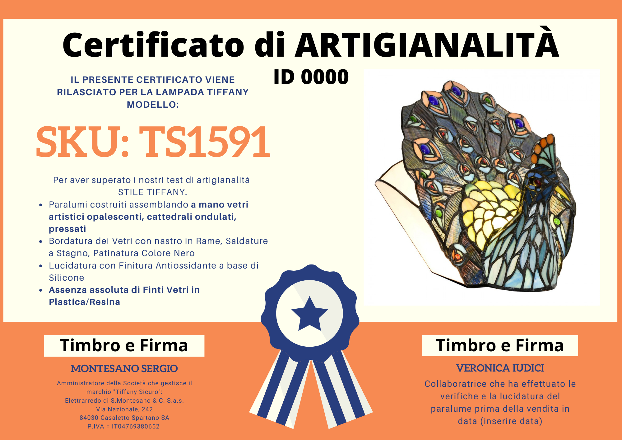 Lampada da Tavolo Tiffany Pavone, certificato