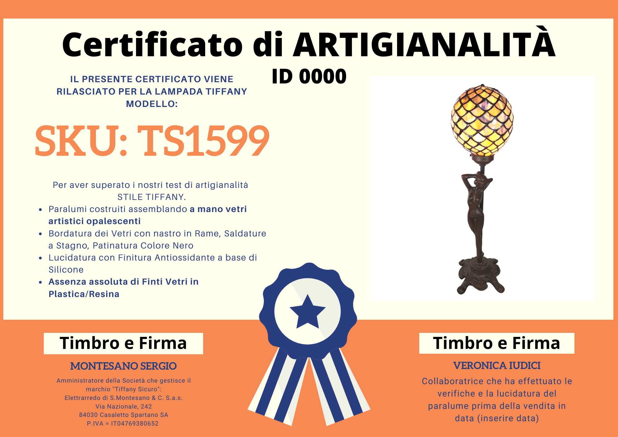 Lampada da Tavolo Tiffany Scultura Sfera, certificato