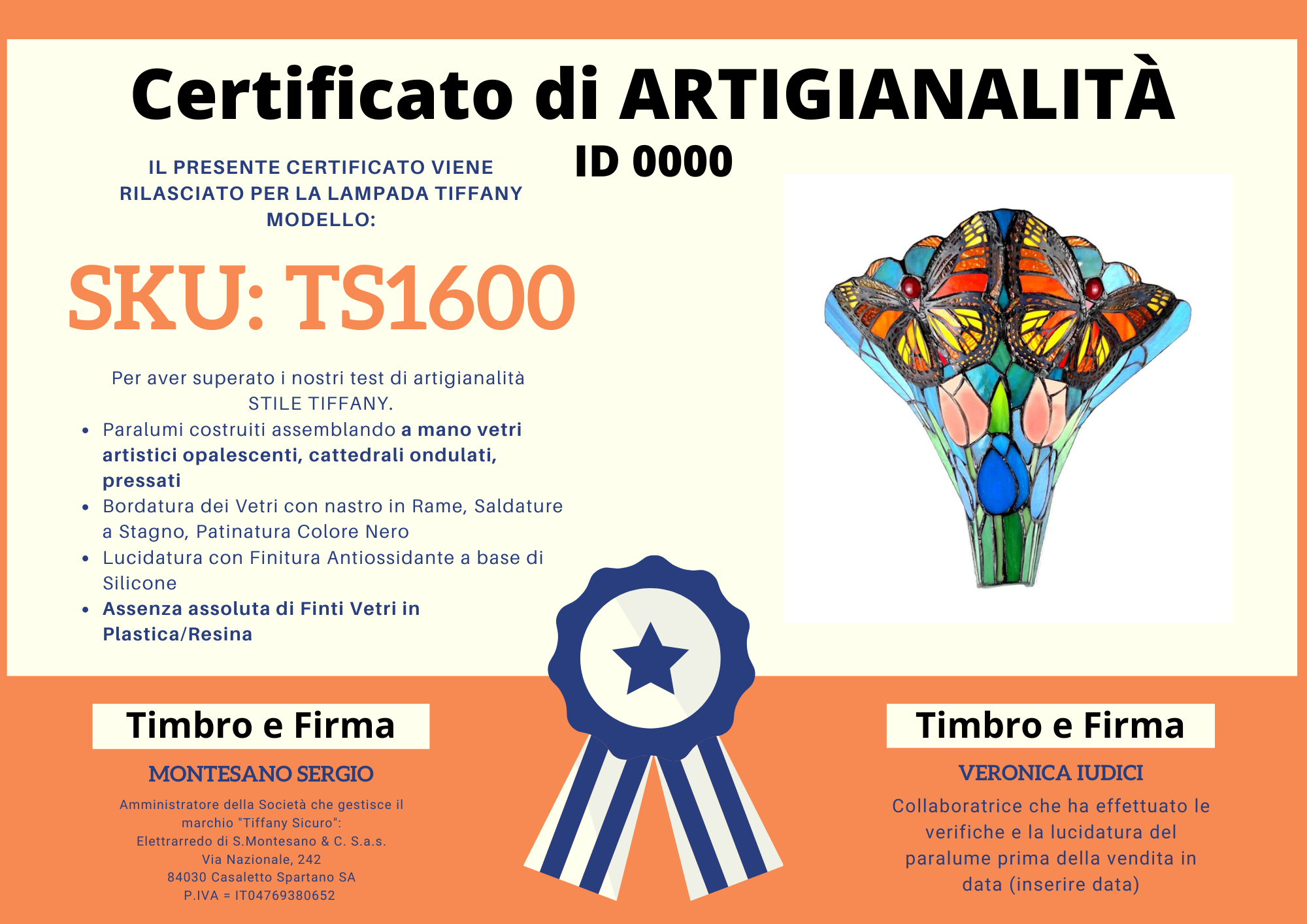 Applique Tiffany Farfalle, certificato