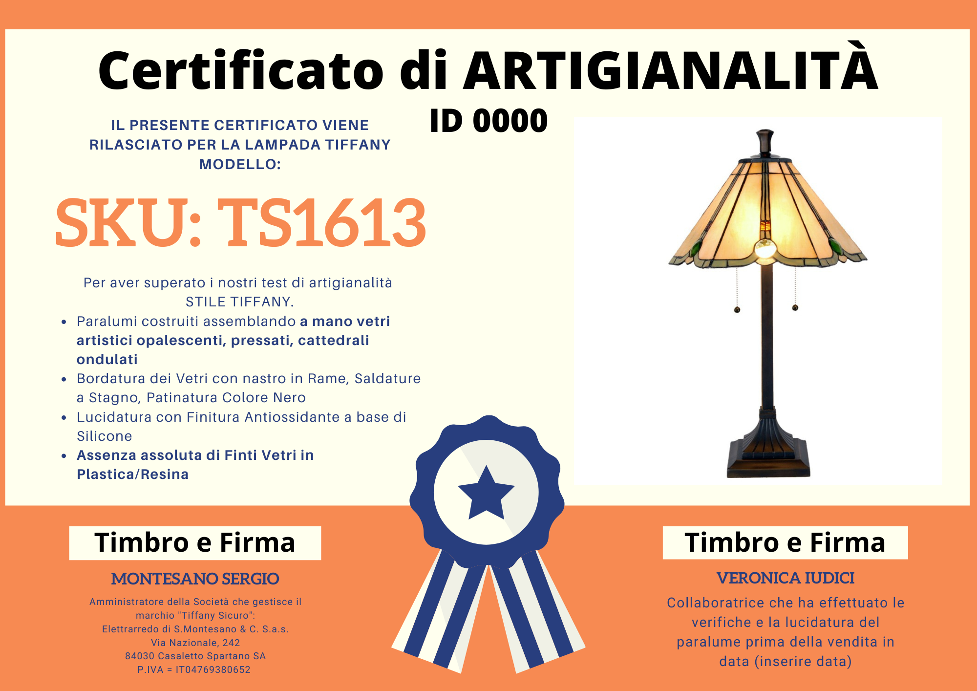 Lampada da Tavolo Tiffany Diamante, certificato