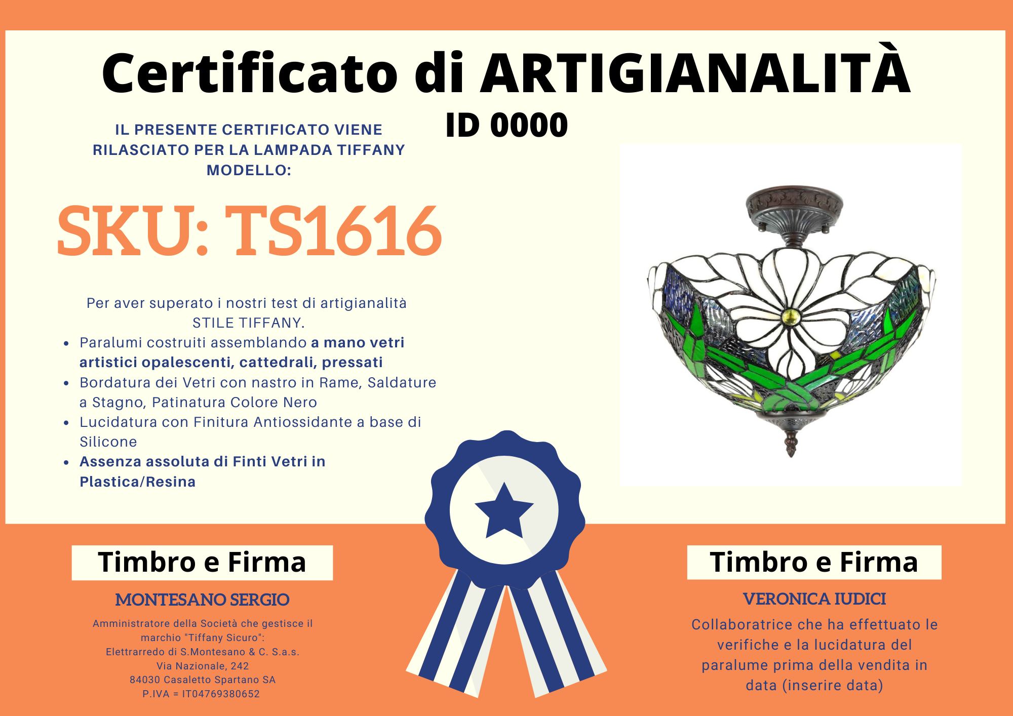 Plafoniera Tiffany Stile Floreale, certificato