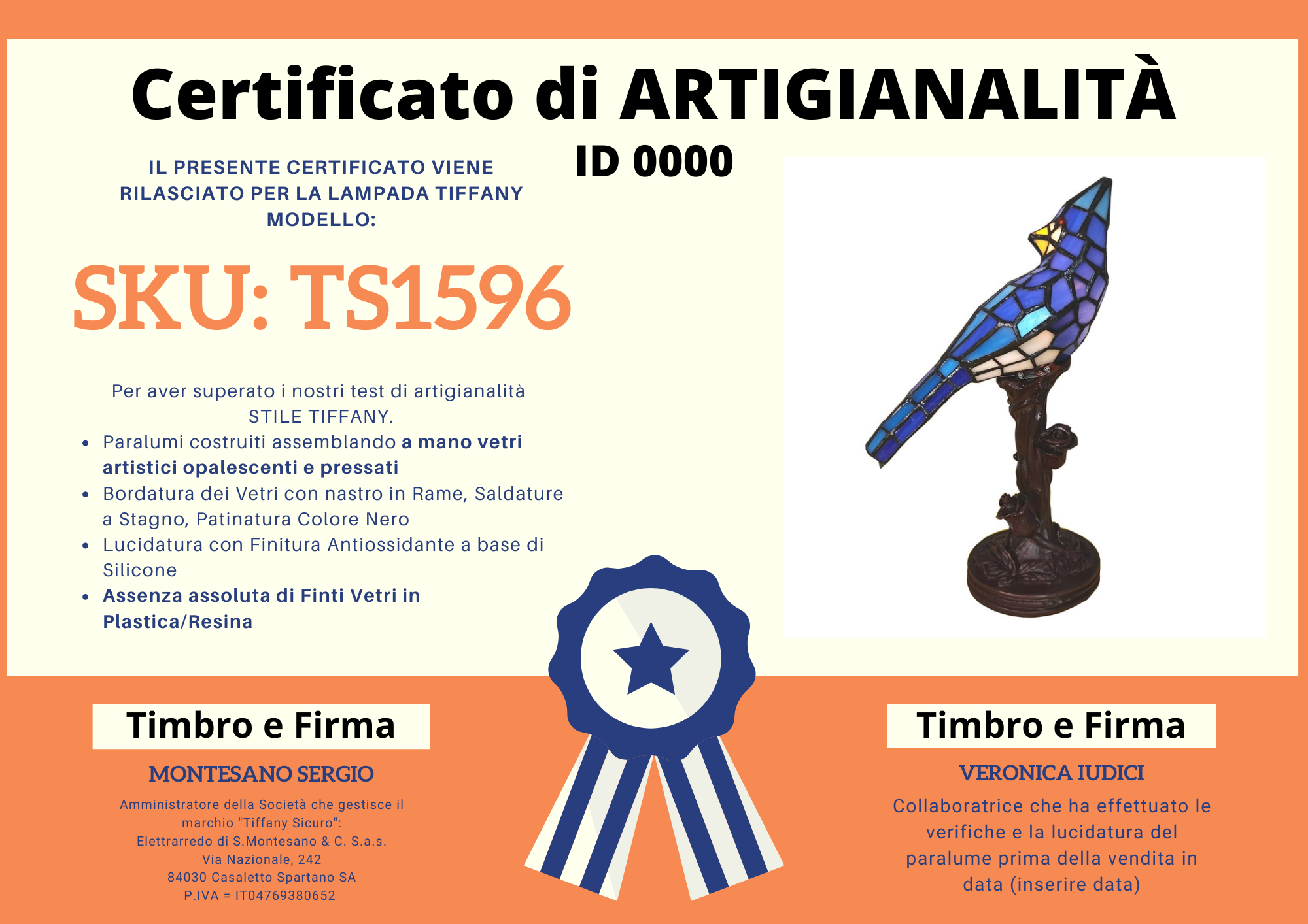 Lampada da Tavolo Tiffany Uccello Blu, Altezza 33cm 3 Lampada da Tavolo Tiffany Uccello Blu, CERTIFICATO