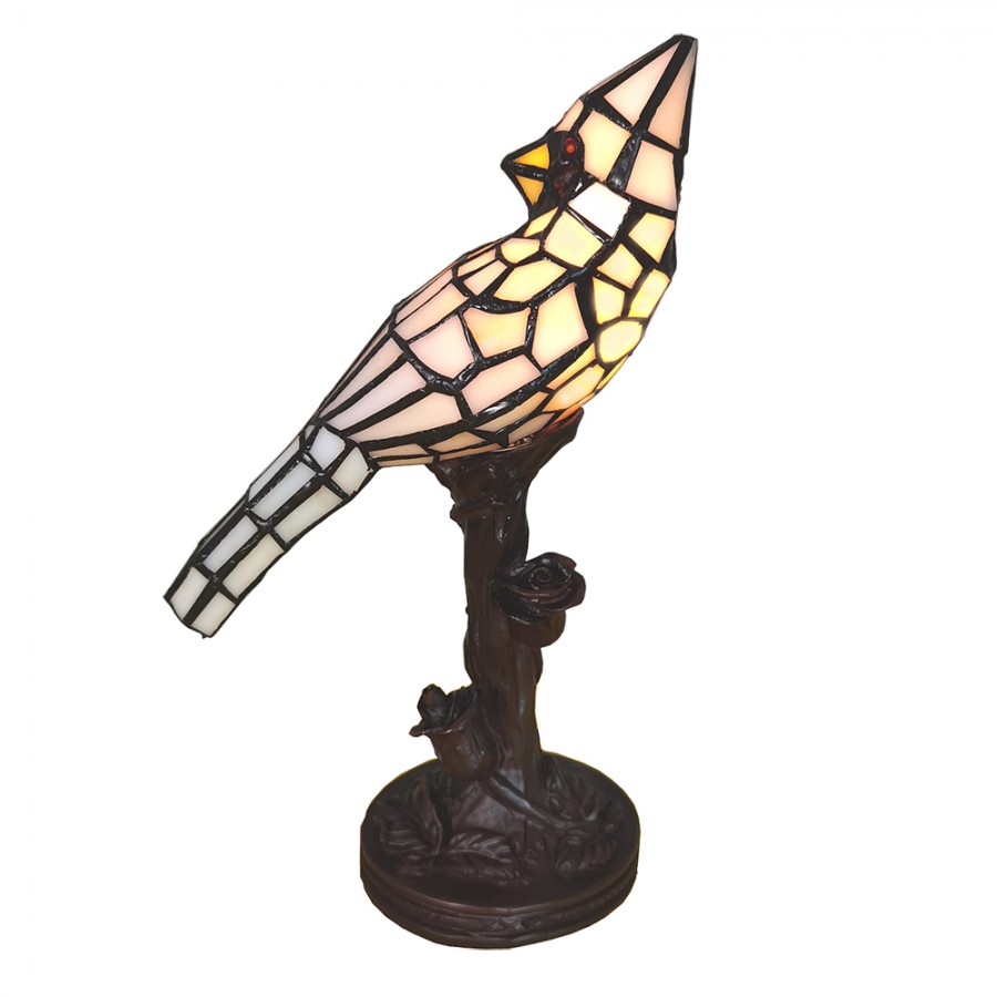 Lampada da Tavolo Tiffany Uccello Beige, Altezza 33cm 1 Lampada da Tavolo Tiffany Uccello Beige