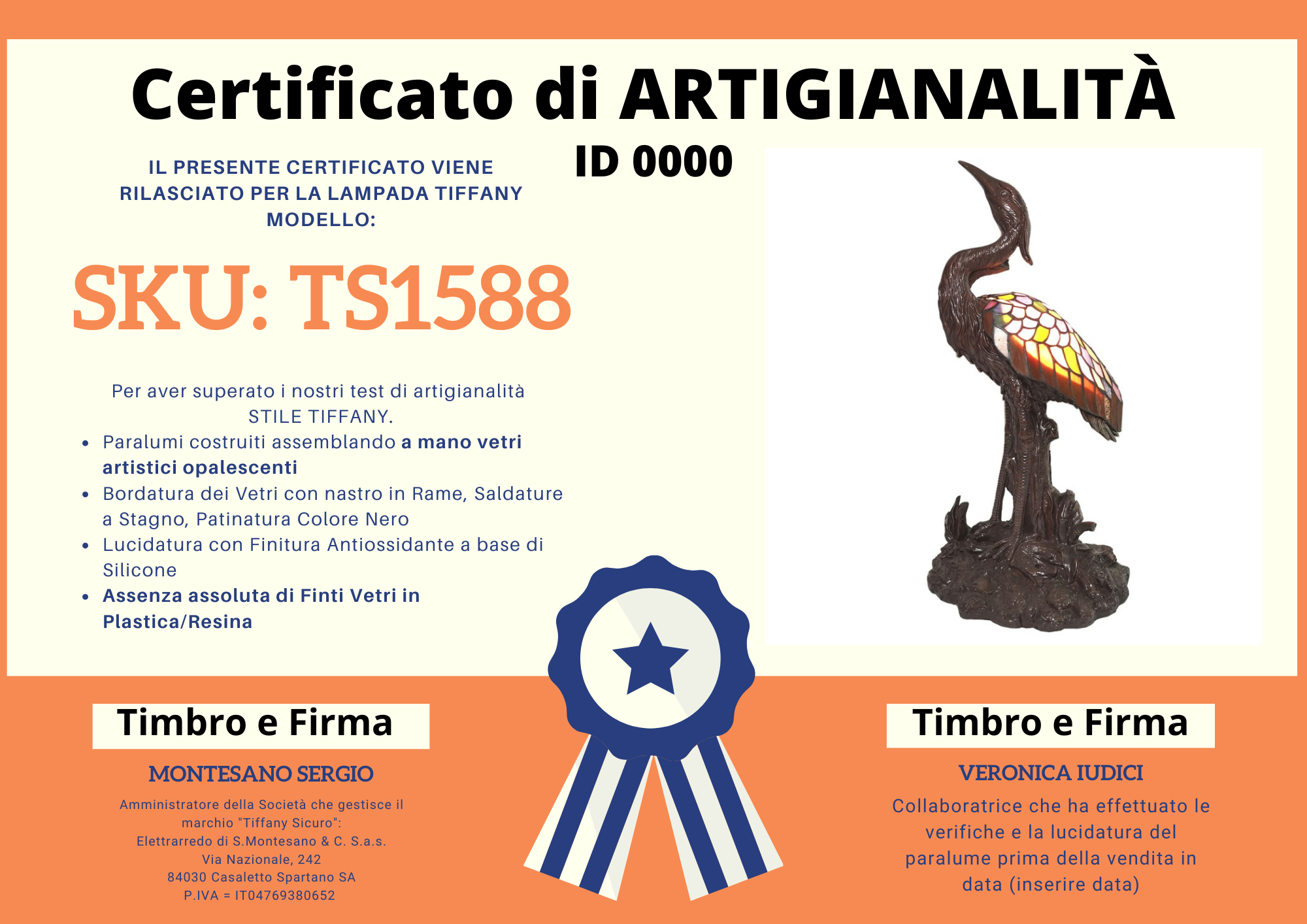 Lampada da Tavolo Tiffany Airone, certificato