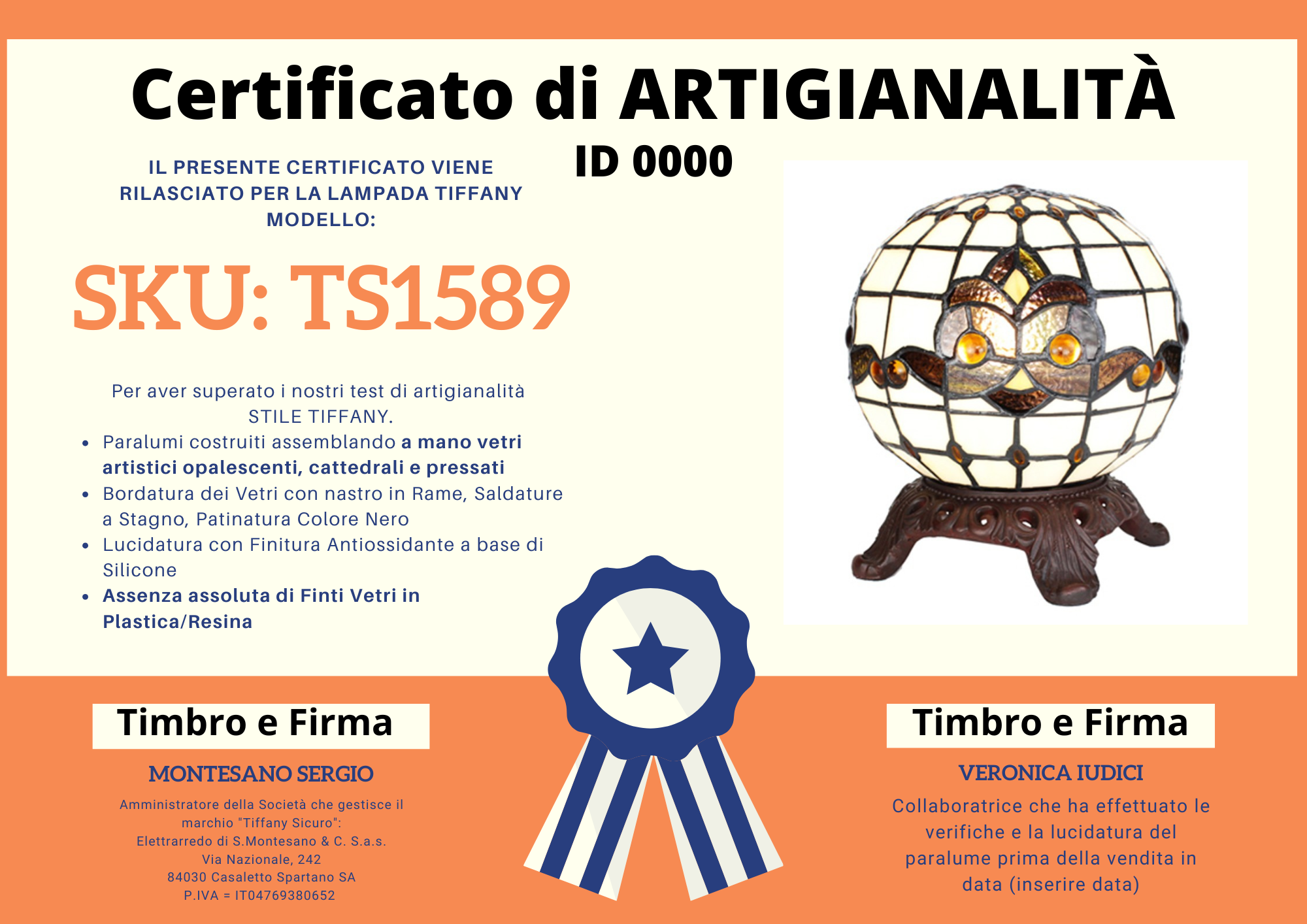 Abatjour Tiffany Sfera, certificato