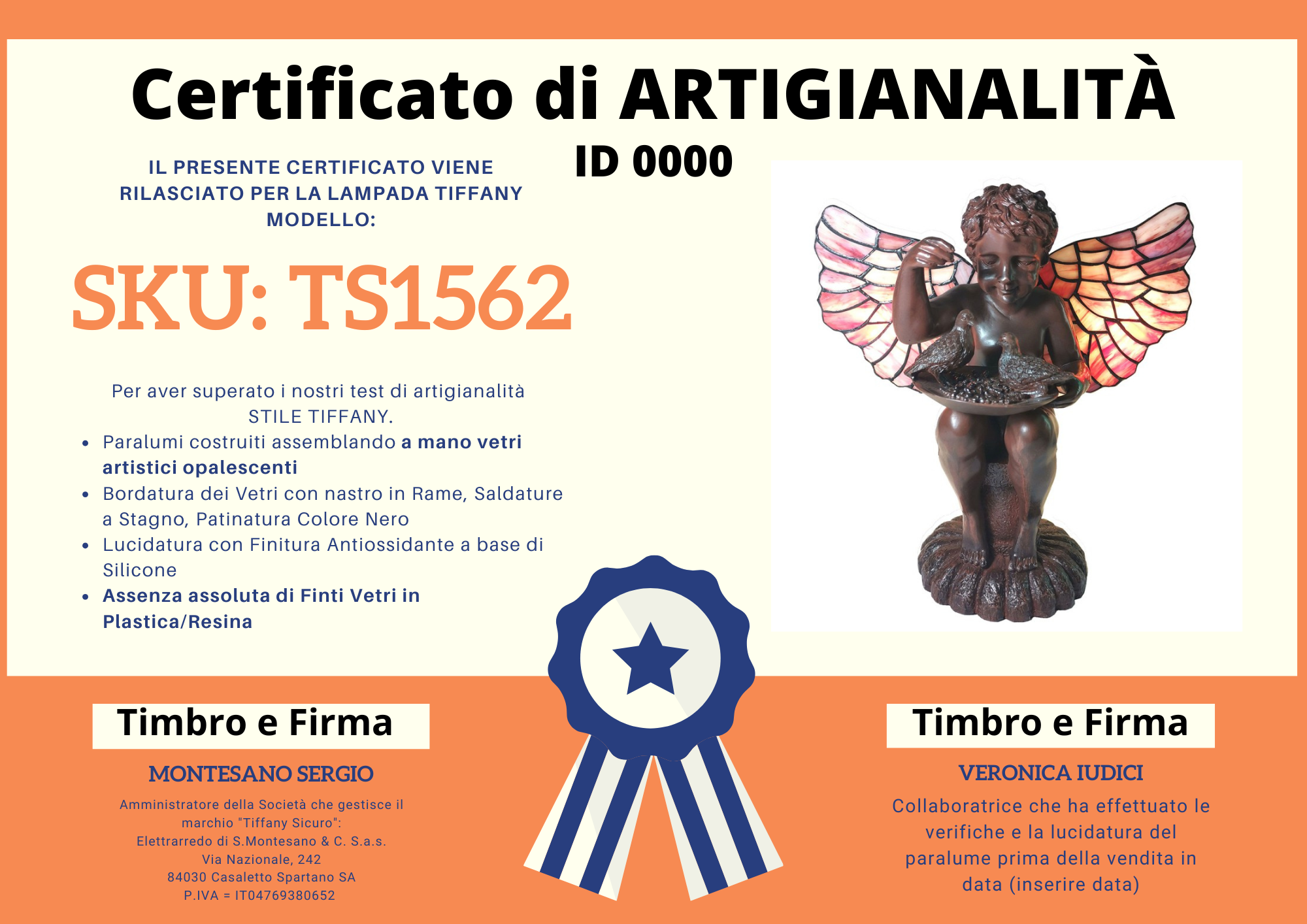 Lampada da Tavolo Tiffany Angelo, certificato