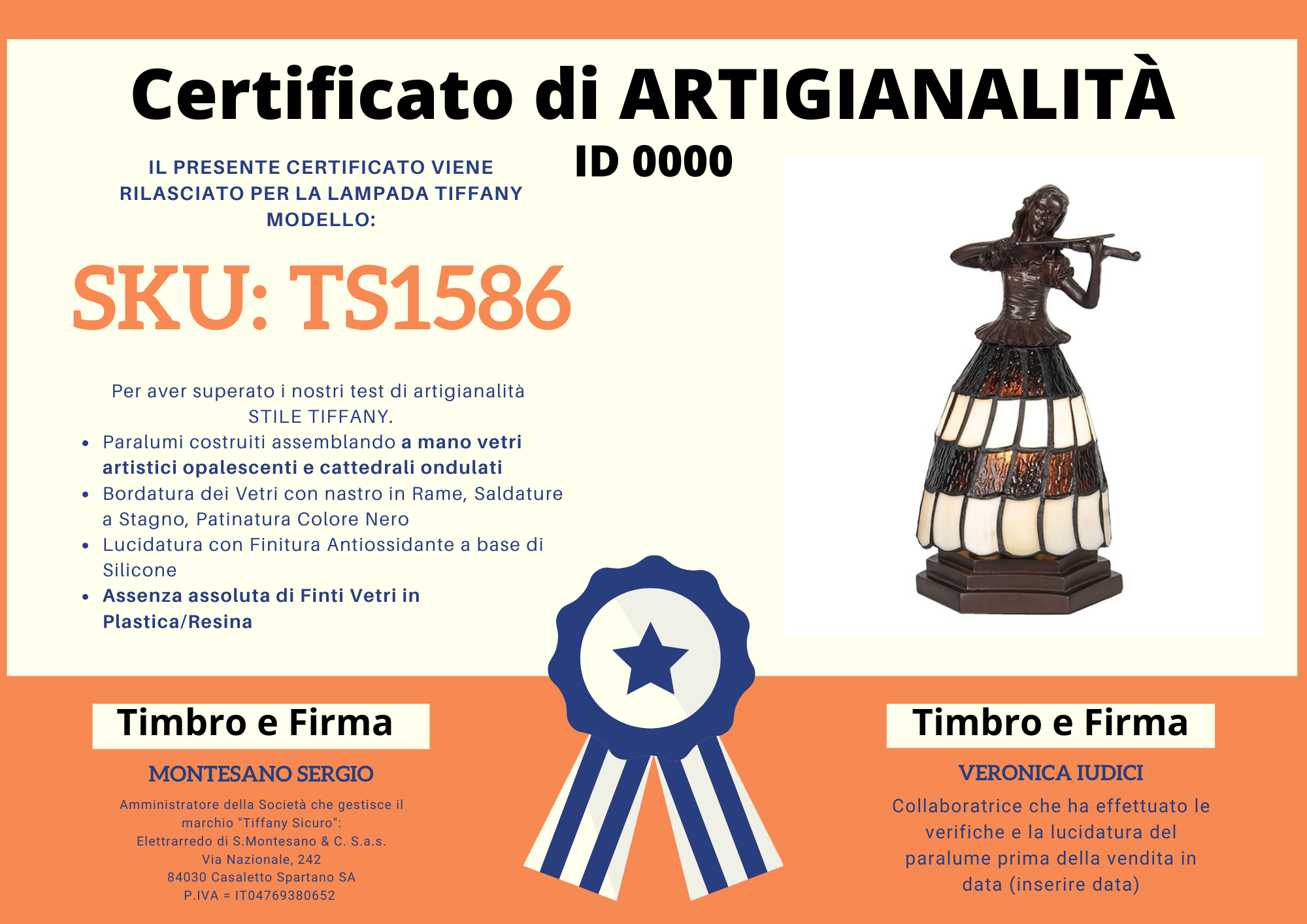Abatjour Tiffany Violinista, certificato