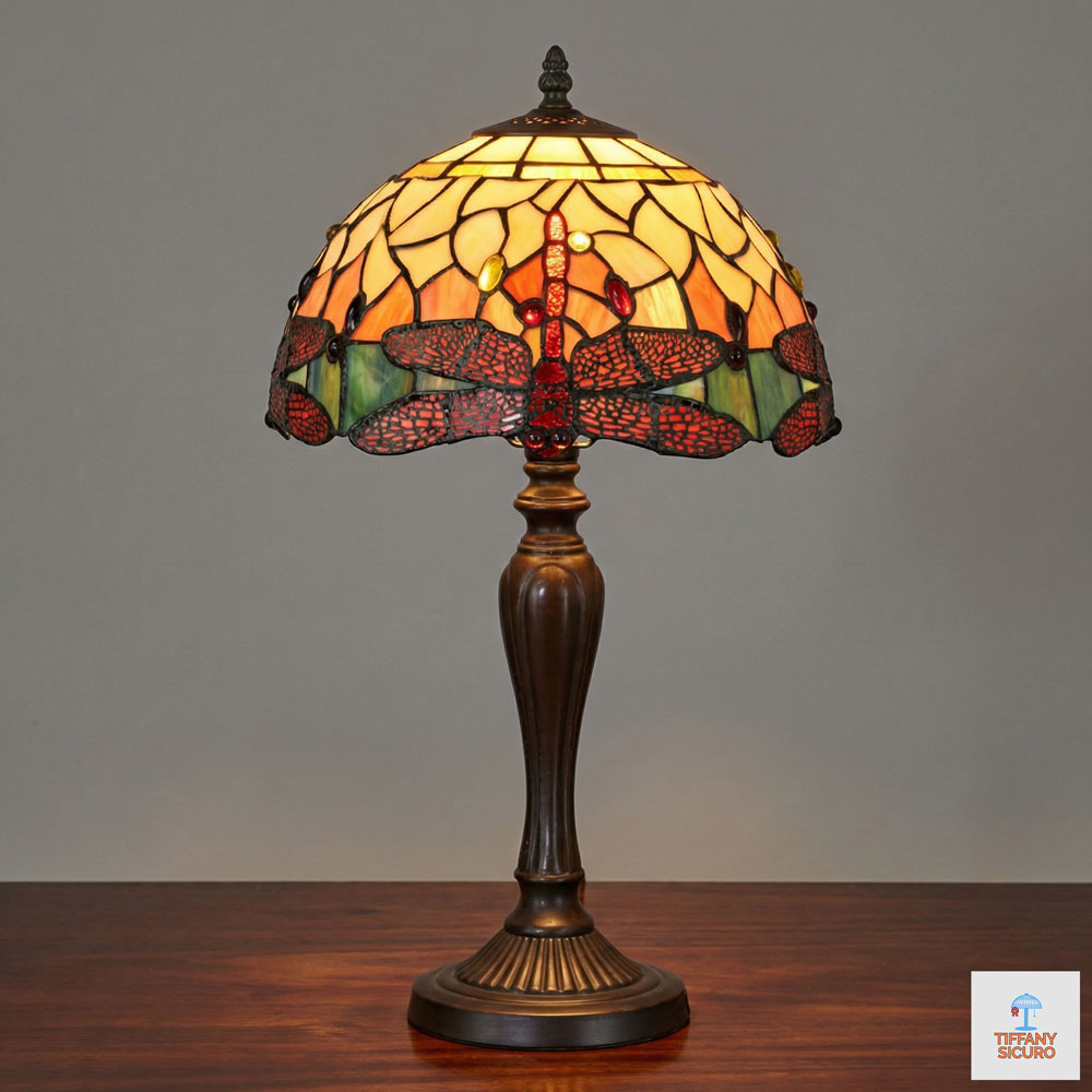Lampada da Tavolo Tiffany Libellule Rosse, 30cm 1 Lampada da Tavolo Tiffany Libellule Rosse