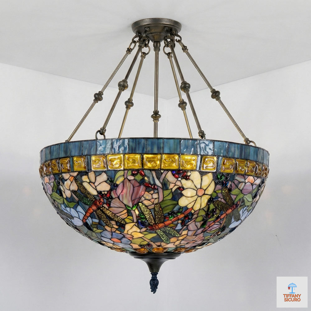Lampadario Tiffany Fiori e Libellule, 70cm 1 Lampadario Tiffany Fiori e Libellule
