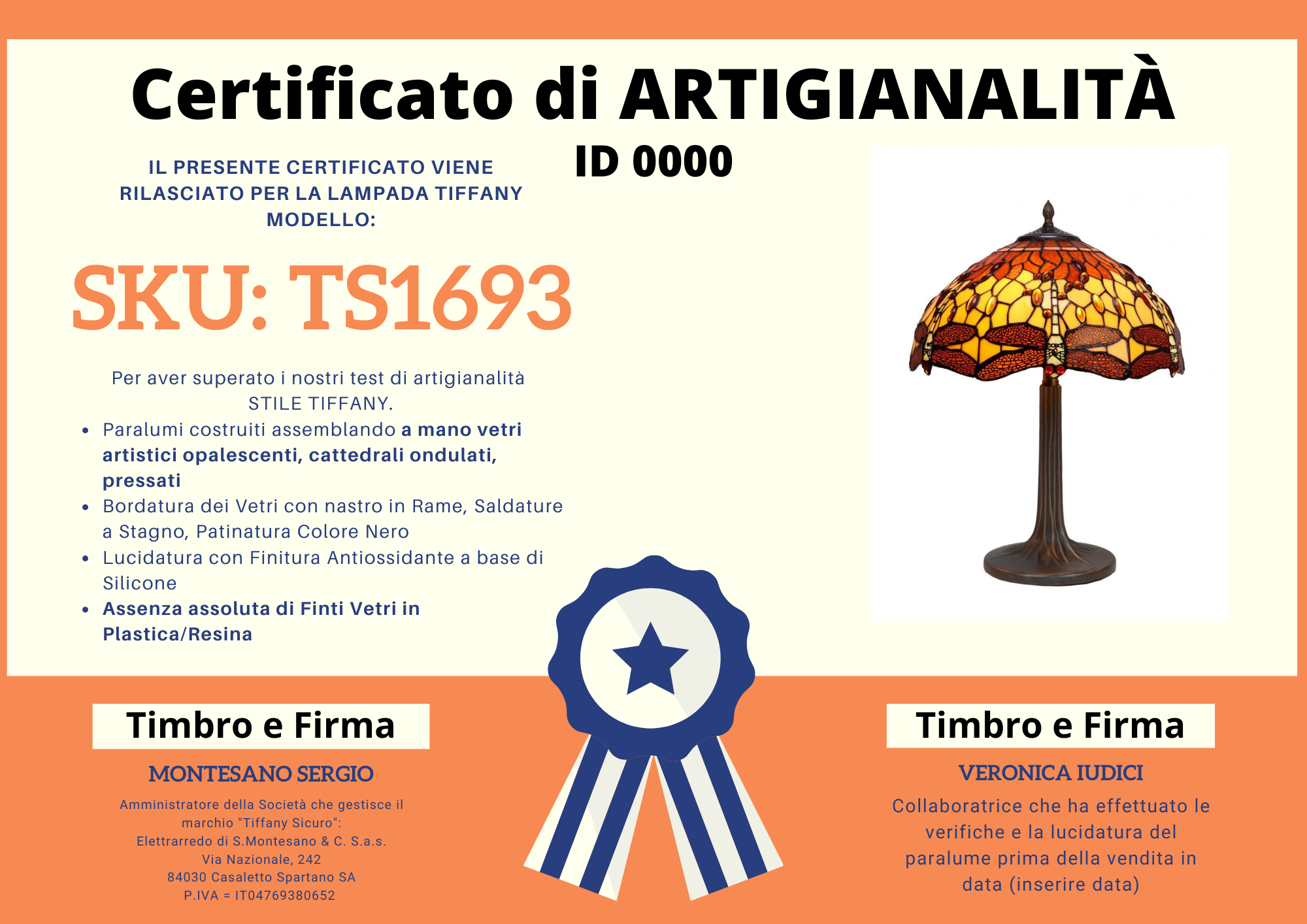 Lampada da Tavolo Tiffany Gialla e Arancione con Libellule, certificato