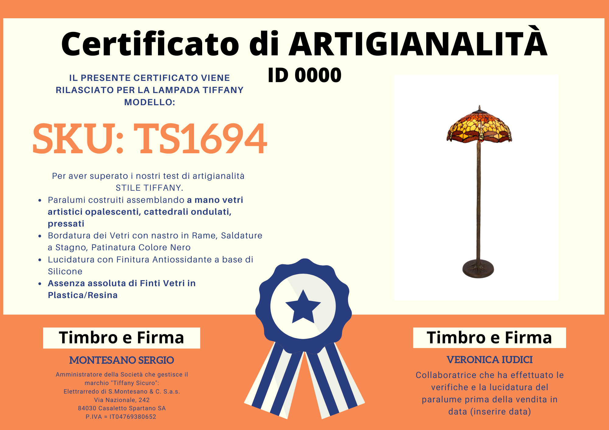 Lampada da Terra Tiffany con Libellule Piccola, certificato