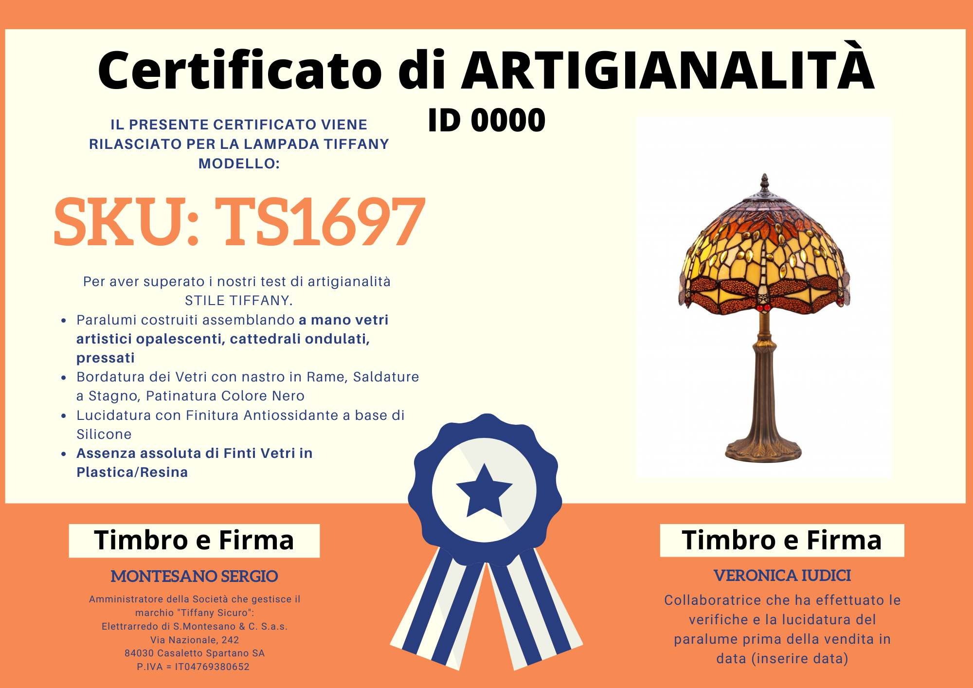 Lampada da Tavolo Tiffany Gialla e Arancione con Libellule Media, certificato