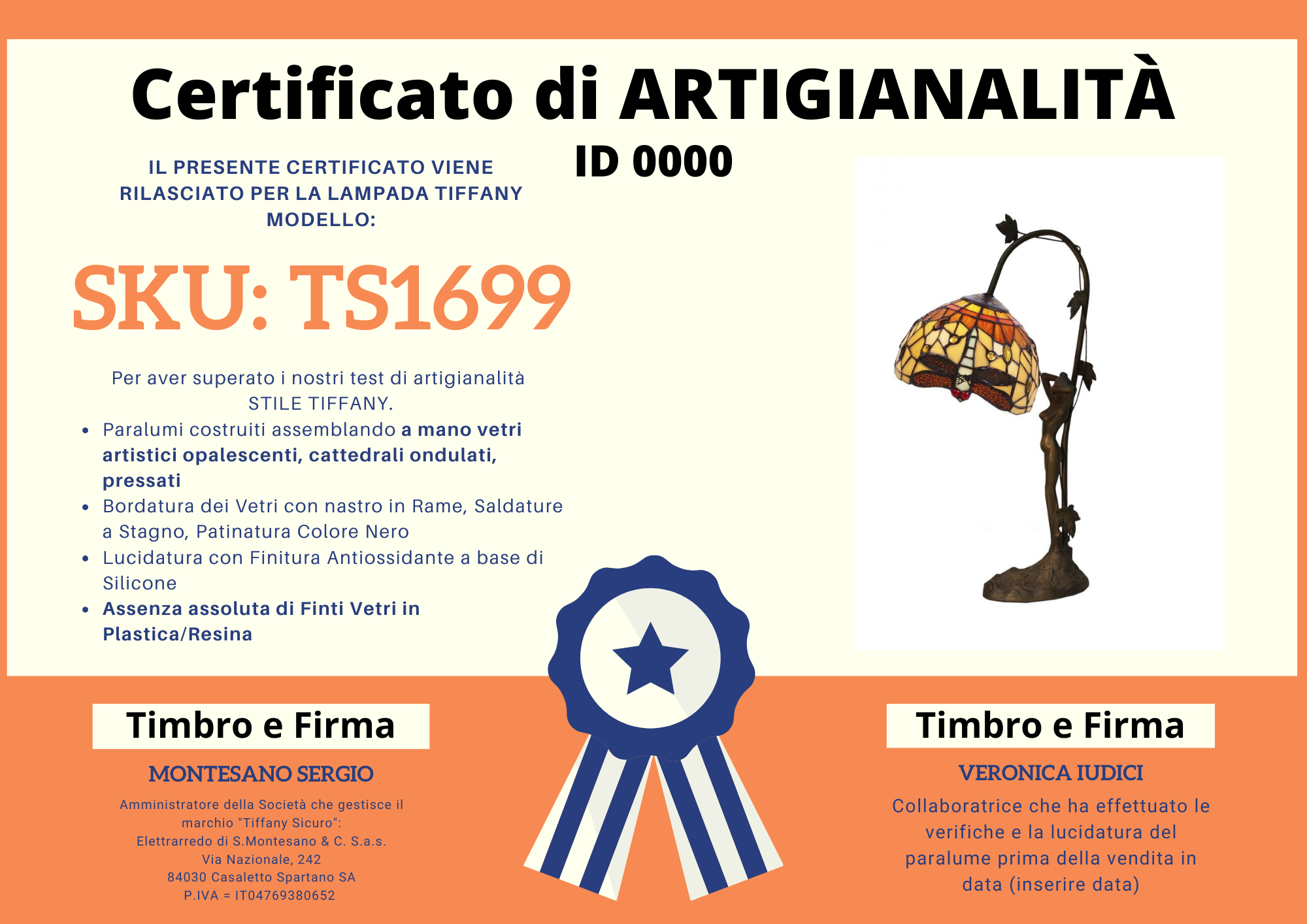 Abatjour Tiffany Gialla e Arancione con Libellule Scultura, certificato