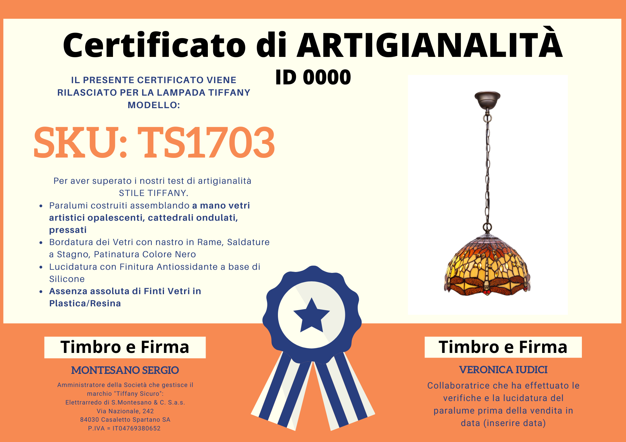 Lampadario Tiffany Giallo e Arancione con Libellule Medio, certificato